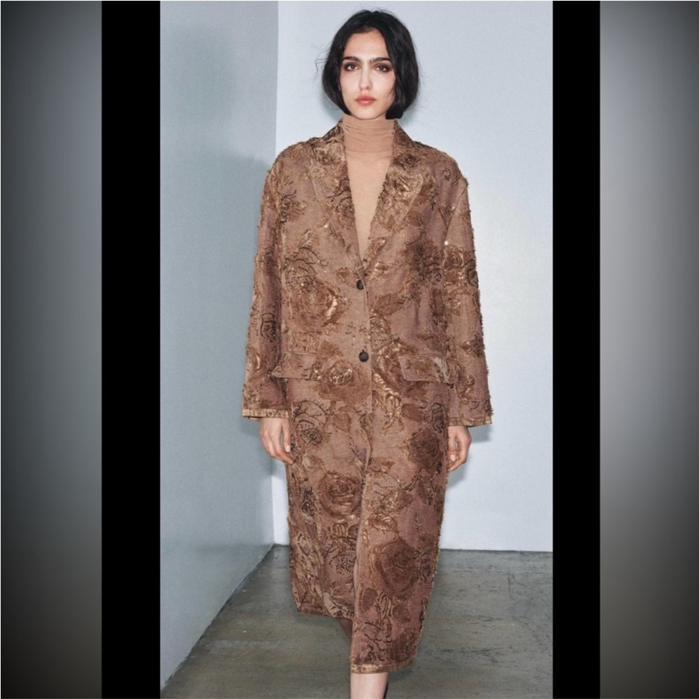 Zara Limited Edition Embroidered & Beaded Long Coat size Small
